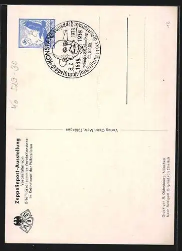 Künstler-AK Graf Zeppelin in Uniform, Ausstellung 100. Geburtstages des Grafen Zeppelin 1938, Ganzsache