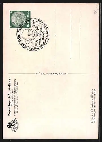 Künstler-AK Graf Zeppelin in Uniform, Ausstellung 100. Geburtstages des Grafen Zeppelin 1938, Ganzsache