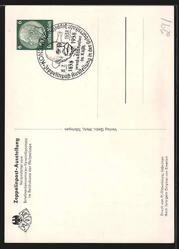 Künstler-AK Graf Zeppelin in Uniform, Ausstellung 100. Geburtstages des Grafen Zeppelin 1938, Ganzsache