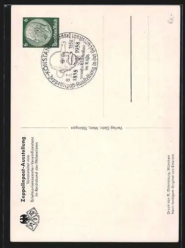 Künstler-AK Graf Zeppelin in Uniform, Ausstellung 100. Geburtstages des Grafen Zeppelin 1938, Ganzsache