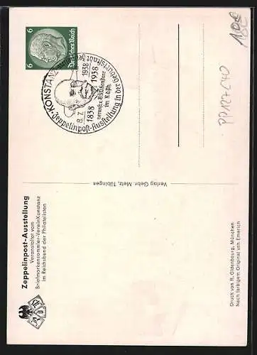 Künstler-AK Graf Zeppelin in Uniform, Ausstellung 100. Geburtstages des Grafen Zeppelin 1938, Ganzsache
