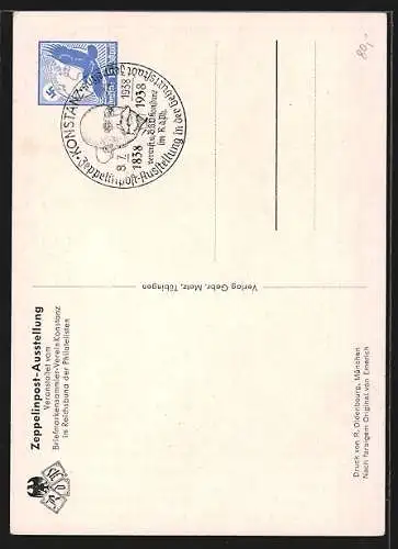 Künstler-AK Graf Zeppelin in Uniform, Ausstellung 100. Geburtstages des Grafen Zeppelin 1938, Ganzsache