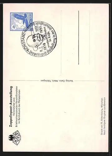 Künstler-AK Graf Zeppelin in Uniform, Ausstellung 100. Geburtstages des Grafen Zeppelin 1938, Ganzsache
