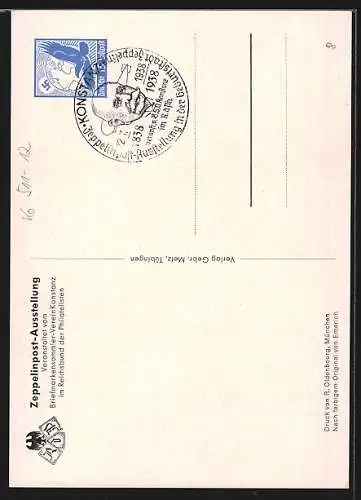 Künstler-AK Graf Zeppelin in Uniform, Ausstellung 100. Geburtstages des Grafen Zeppelin 1938, Ganzsache