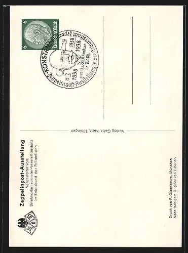 Künstler-AK Graf Zeppelin in Uniform, Ausstellung 100. Geburtstages des Grafen Zeppelin 1938, Ganzsache