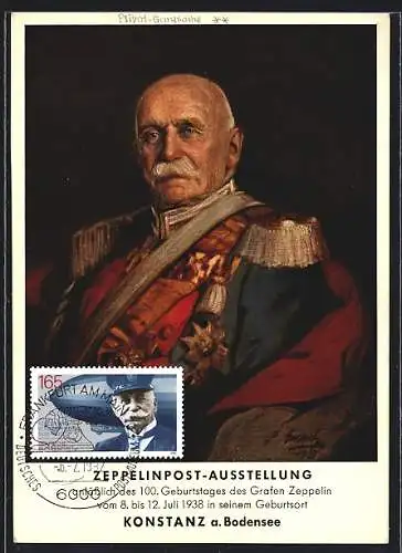 Künstler-AK Graf Zeppelin in Uniform, Ausstellung 100. Geburtstages des Grafen Zeppelin 1938, Ganzsache