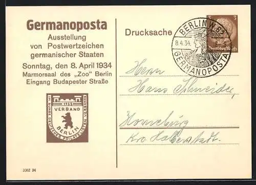 AK Berlin, Germanoposta Ausstellung von Postwertzeichen germanischer Staaten 1934, Ganzsache