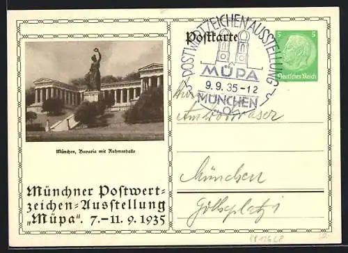 AK München, Postwertzeichen-Ausstellung Müpa 1935, Bavaria mit Ruhmeshalle, Ganzsache