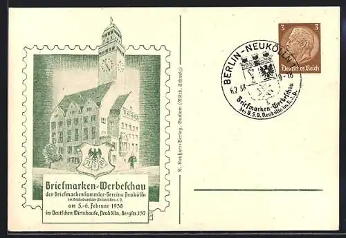 Künstler-AK Berlin-Neukölln, Briefmarken-Werbeschau 1938 im Deutschen Wirtshause, Bergstrasse 137, Ganzsache