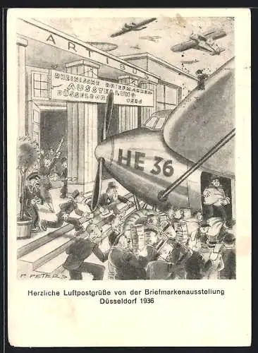 Künstler-AK Düsseldorf, Rheinische Briefmarken-Ausstellung 1936, Männer laden Luftpost in ein Flugzeug, Ganzsache
