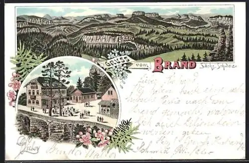 Lithographie Brand / Sächs. Schweiz, Totalansicht mit Gasthaus