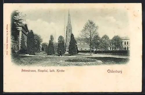 AK Oldenburg / O., Hospital und katholische Kirche an der Peterstrasse