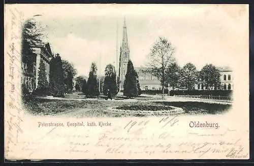 AK Oldenburg / O., Hospital und katholische Kirche an der Peterstrasse