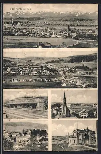 AK Simbach am Inn, Bahnhof von der Gleisseite, Kirche, Ortsansicht