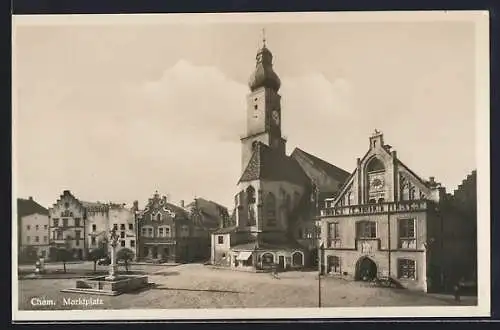 AK Cham, Marktplatz mit Kirche und Brunnen