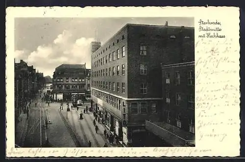 AK Sterkrade, Stadtmitte mit Hochhaus und Strassenpartie