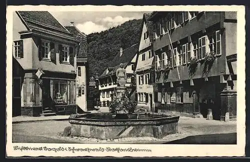 AK Nagold i. Schwarzwald, Strassenpartie mit Geschäften und Rathausbrunnen