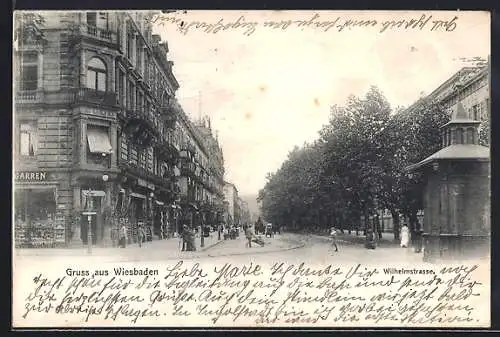AK Wiesbaden, Wilhelmstrasse mit Zigarrengeschäft