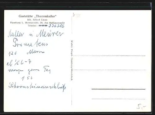 AK Hamburg, Gaststätte Thomaskeller, Hermannstr. 39, Innenansichten, St. Thomas