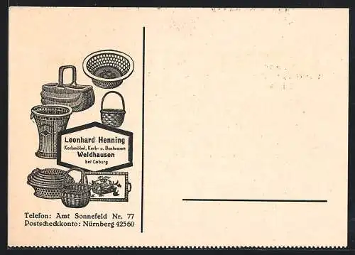 Künstler-AK Weidhausen bei Coburg, Geschäft von Leonhard Henning, Korbmöbel, Korb- und Bastwaren