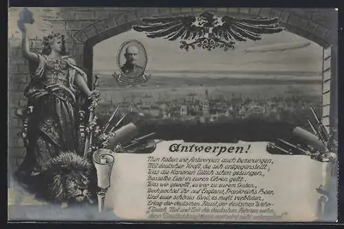 AK Antwerpen, Ortspanorama, Portrait General v. Beseler, Germania, Lobeshymne
