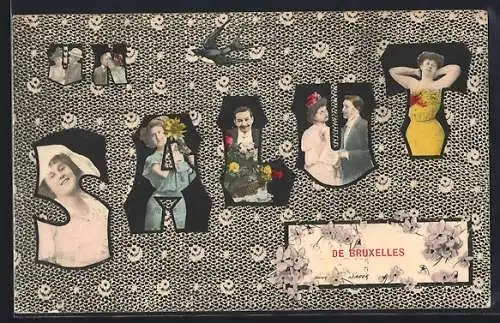 AK Bruxelles, Liebespaare, Brüsselerinnen, Schwalbe, Passepartout aus Brüsseler Spitze