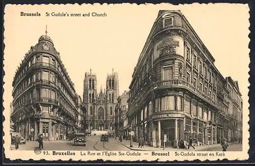 AK Brüssel / Bruxelles, la Rue et l`église Ste-Gudule