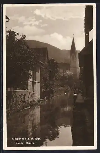 AK Geislingen / Steige, Flusspartie an der evangelischen Kirche
