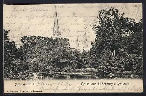 AK Oldenburg / O., Schlossgarten mit Kirchturm