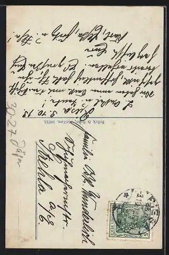 AK Jäger in Uniform mit Tschako und Fräulein