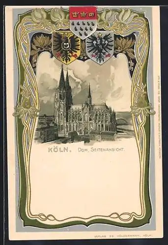 Passepartout-Lithographie Köln, Dom, Seitenansicht, Wappen