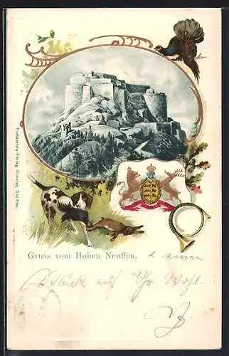 Passepartout-Lithographie Neuffen, Blick zur Festungs-Ruine Hohen-Neuffen, Wappen und Jagdhund mit Hase