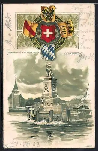 Passepartout-Lithographie Lindau, Hafeneinfahrt bei aufziehendem Wetter, Wappen