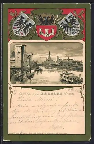 Passepartout-Lithographie Duisburg a. Rhein, Hafenpartie und Wappen