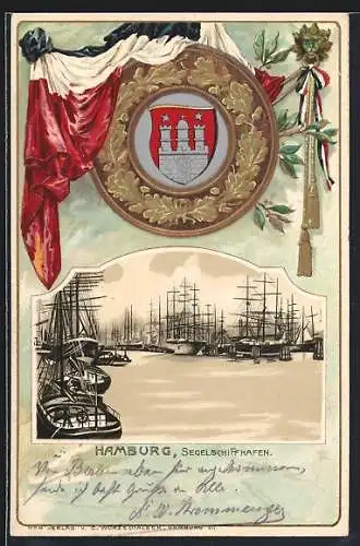 Passepartout-Lithographie Hamburg, Segelschiffhafen, Wappen