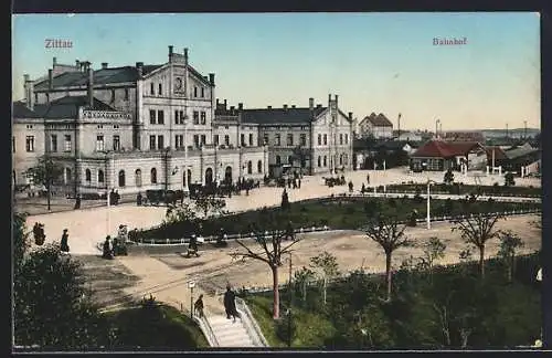 AK Zittau, Bahnhof mit Vorplatz