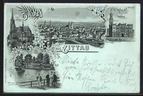 Mondschein-Lithographie Zittau, Weinau-Restaurant mit Teich, Kath. Kirche, Rathaus