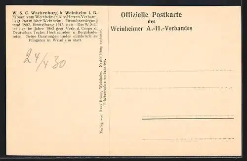 AK Weinheim i. B., W. S. C. Wachenburg, Grosser Festsaal, Innenansicht