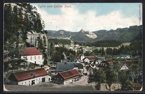 AK Oybin, Strassenpartie mit Kirche vom Gelben Stein