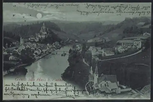 Mondschein-AK Hals b. Passau, Panorama mit Kirche