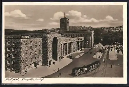 AK Stuttgart, Hauptbahnhof mit Strassenbahn