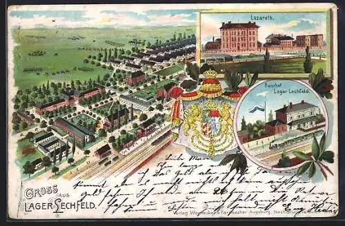 Lithographie Lager Lechfeld, Teilansicht, Lazarett, Bahnhof