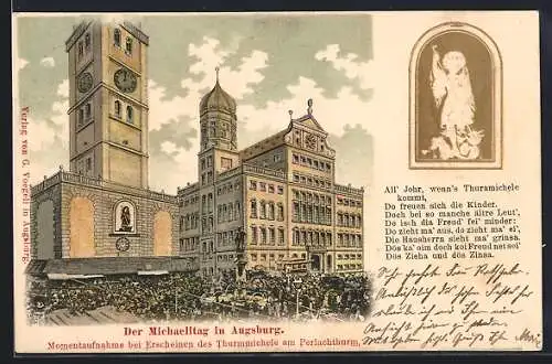 Lithographie Augsburg, Michaelitag, Erscheinen des Turmmichele am Perlachturm