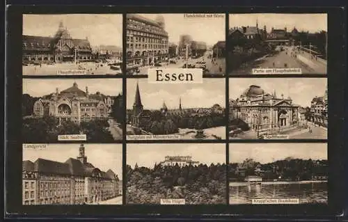 AK Essen, Handelshof mit Börse, Krupp`sches Bootshaus, Hauptbahnhof