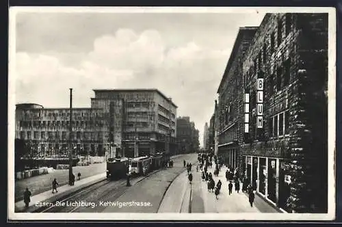 AK Essen, Lichtburg und Geschäft Blum in der Kettwigerstrasse mit Strassenbahn