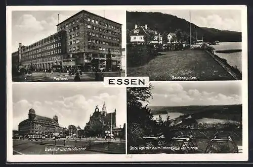 AK Essen, Blick vom Cafe Heimliche Liebe ins Ruhrtal, Postamt, Bahnhof und Handelshof
