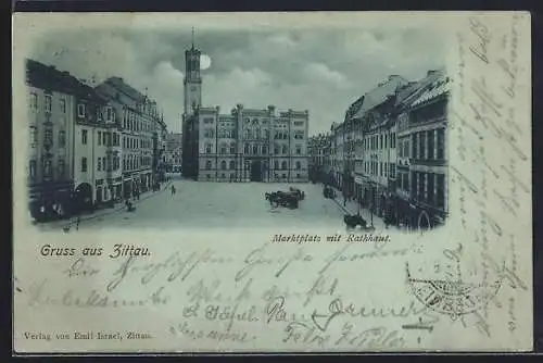 Mondschein-AK Zittau, Marktplatz mit Rathaus