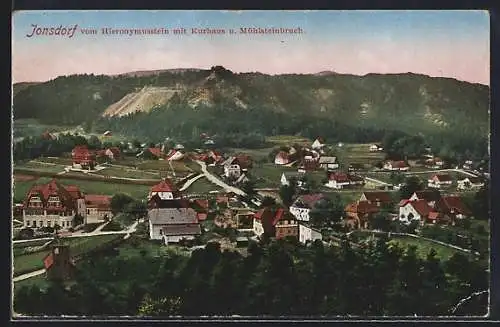 AK Jonsdorf, Teilansicht mit Kurhaus und Mühlsteinbruch vom Hieronymusstein