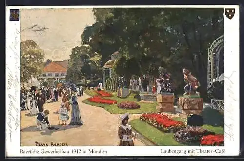 Künstler-AK Claus Bergen: München, Bayrische Gewerbeschau 1912, Laubengang mit Theater-Cafe