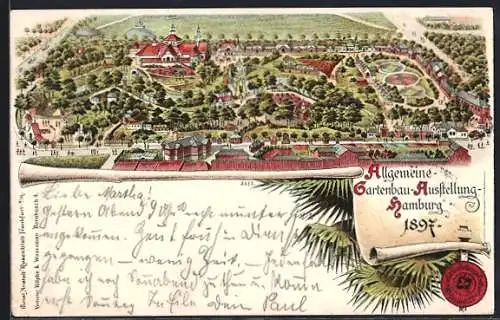 Lithographie Hamburg, Allgemeine Gartenbau-Ausstellung 1897, Ausstellungsgelände aus der Vogelschau